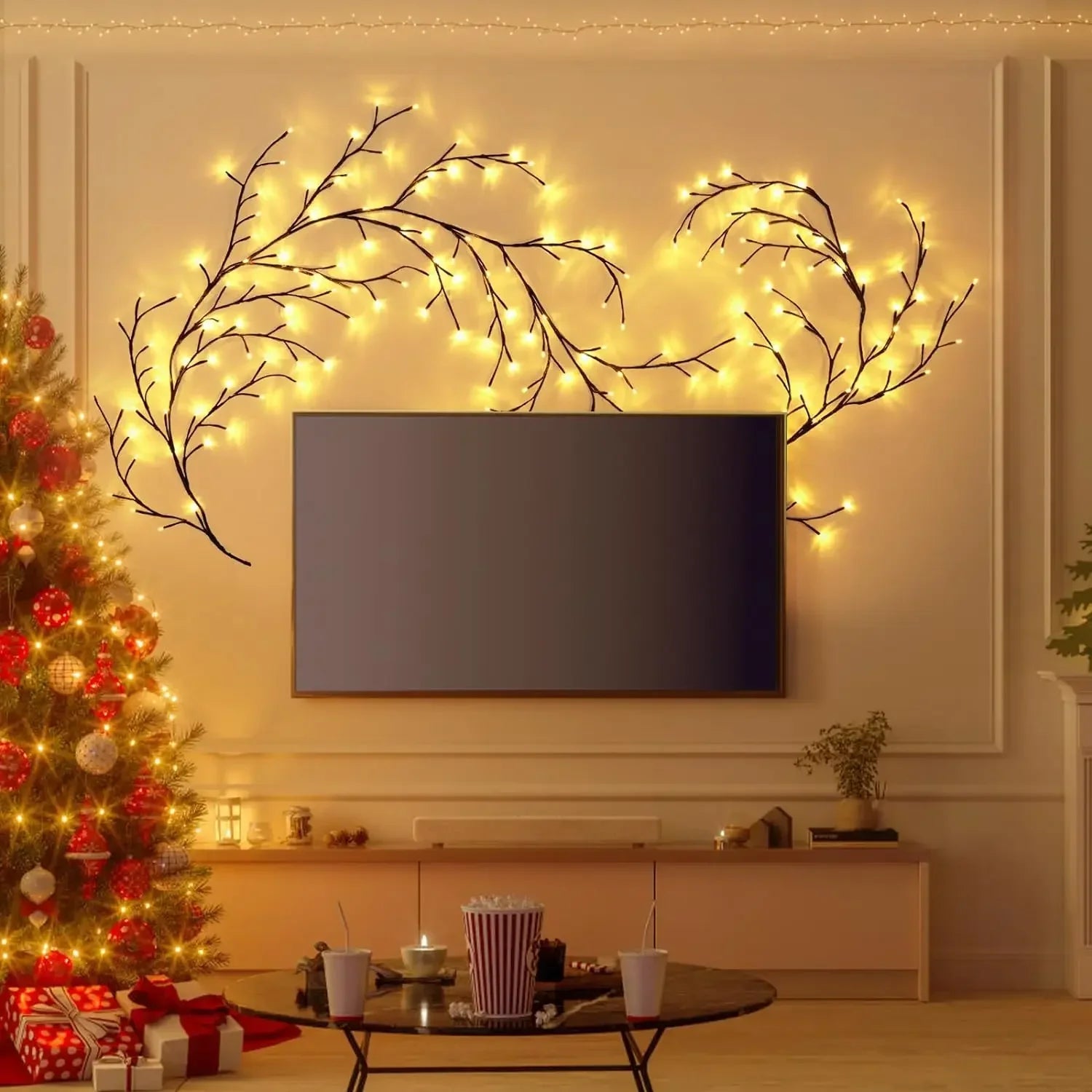 72/96/144LEDS USB Willow Vine Branch Lights 8 Modes Warm White Light for Wall Room Kitchen Coffee Shop Christmas Halloween Decor