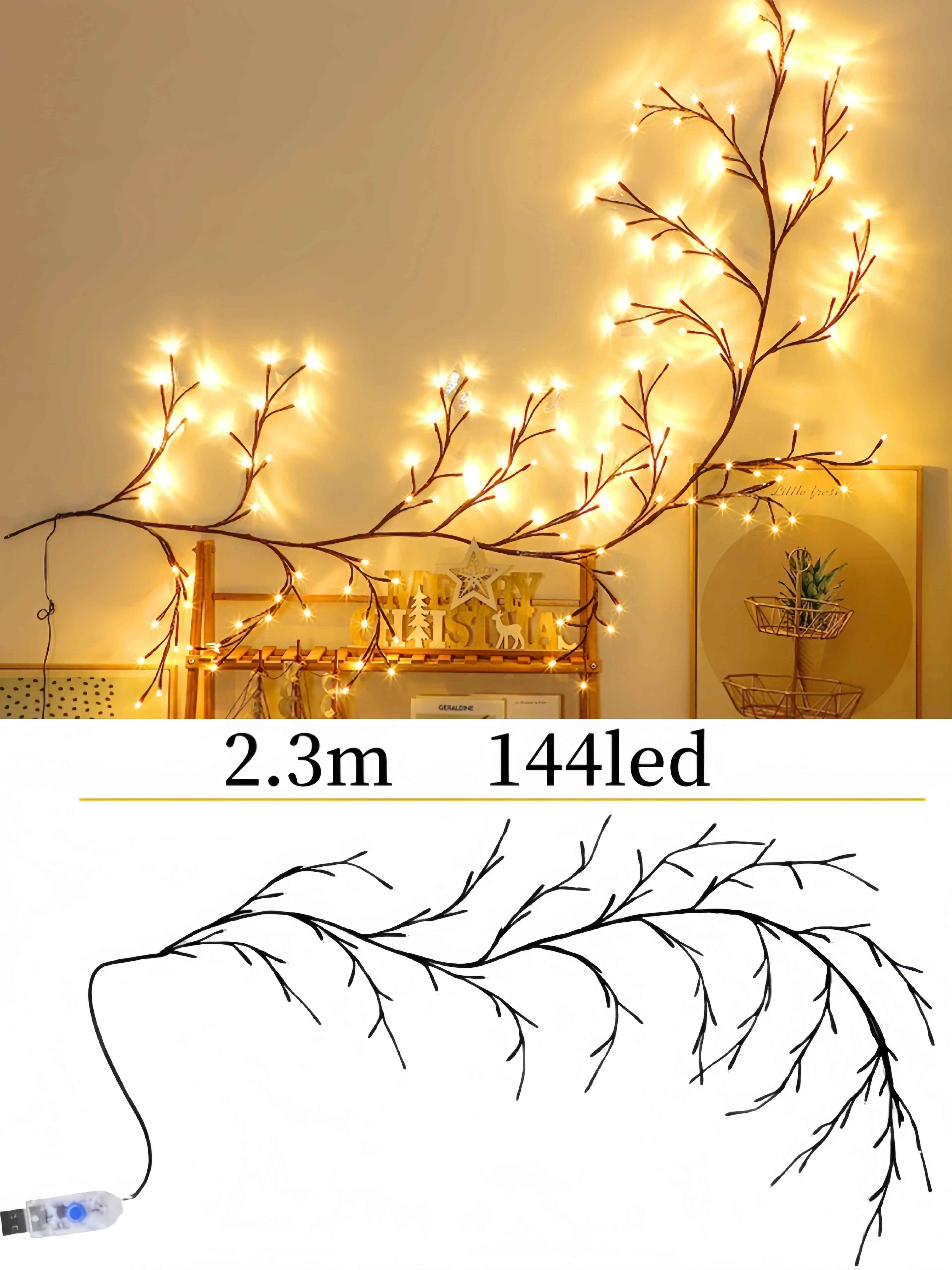 72/96/144LEDS USB Willow Vine Branch Lights 8 Modes Warm White Light for Wall Room Kitchen Coffee Shop Christmas Halloween Decor