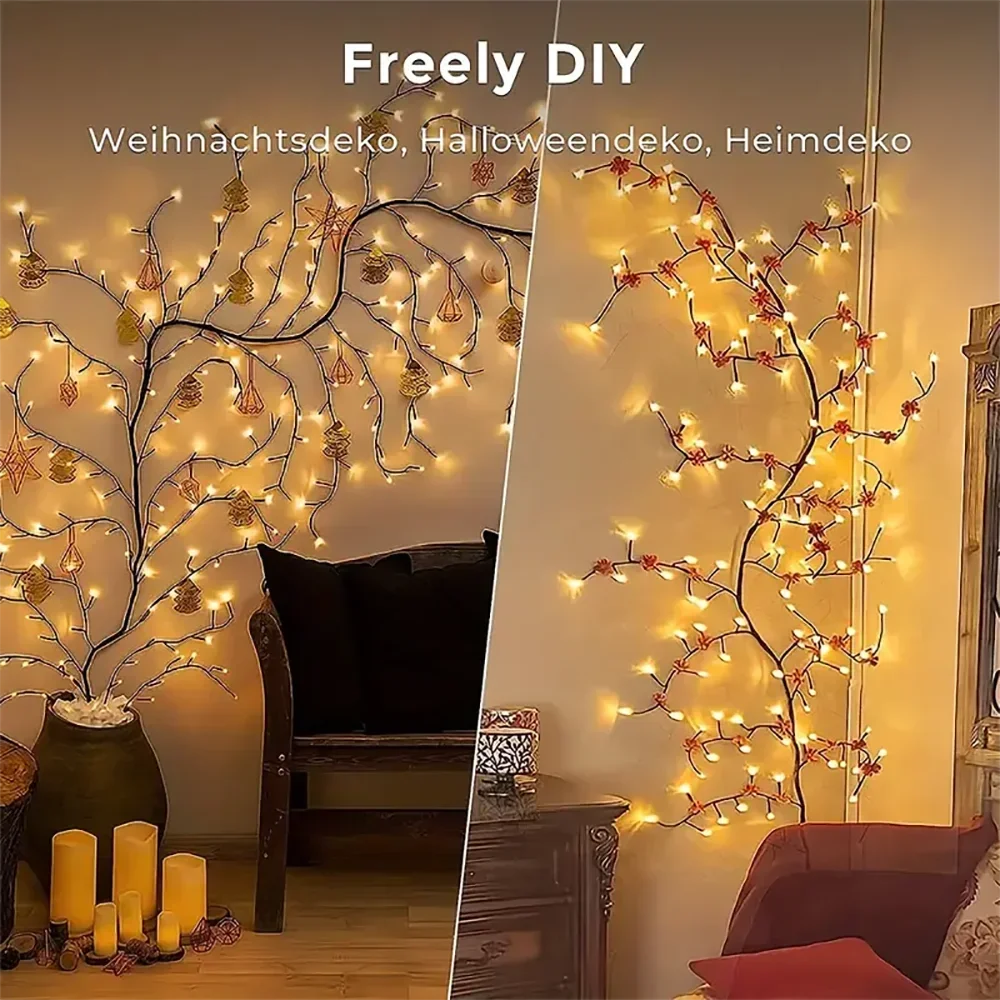72/96/144LEDS USB Willow Vine Branch Lights 8 Modes Warm White Light for Wall Room Kitchen Coffee Shop Christmas Halloween Decor