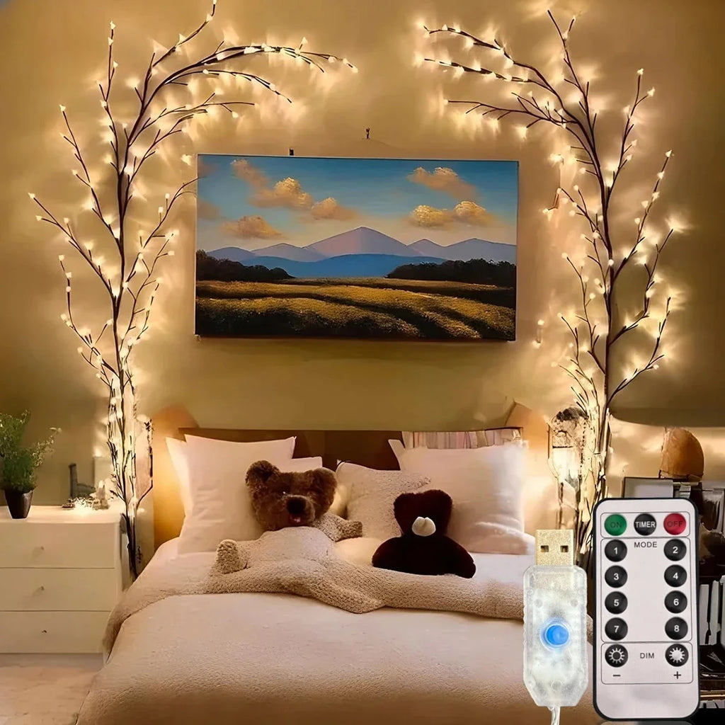72/96/144LEDS USB Willow Vine Branch Lights 8 Modes Warm White Light for Wall Room Kitchen Coffee Shop Christmas Halloween Decor