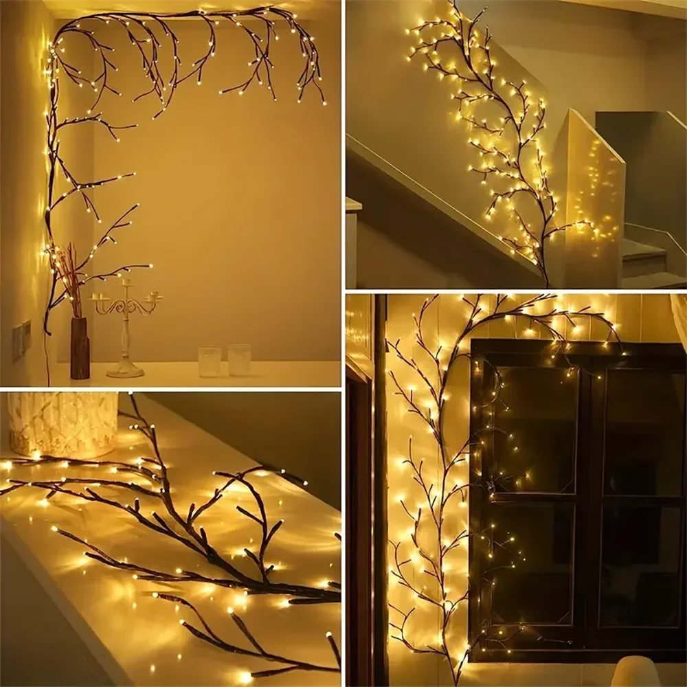 72/96/144LEDS USB Willow Vine Branch Lights 8 Modes Warm White Light for Wall Room Kitchen Coffee Shop Christmas Halloween Decor