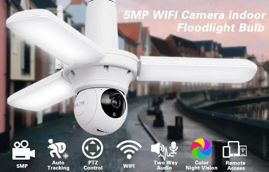 Smart 5MP WIFI Security Camera E27 Bulb Floodlight 2K HD Video Wireless Surveillance IP Cameras Wi-Fi PTZ Home CCTV Night Vision