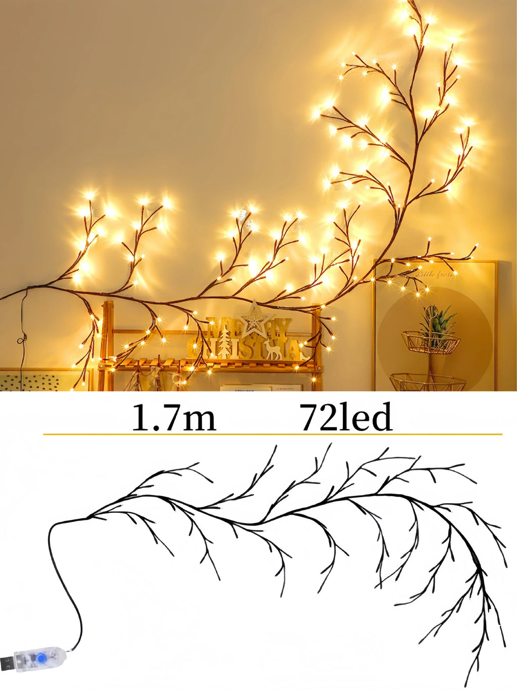 72/96/144LEDS USB Willow Vine Branch Lights 8 Modes Warm White Light for Wall Room Kitchen Coffee Shop Christmas Halloween Decor
