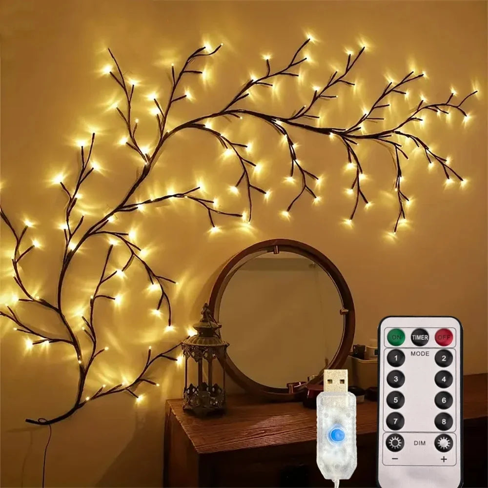 72/96/144LEDS USB Willow Vine Branch Lights 8 Modes Warm White Light for Wall Room Kitchen Coffee Shop Christmas Halloween Decor