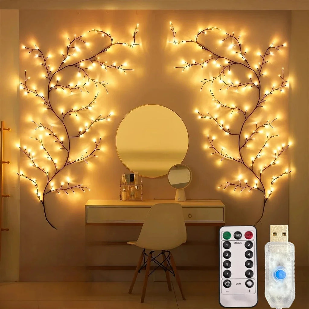72/96/144LEDS USB Willow Vine Branch Lights 8 Modes Warm White Light for Wall Room Kitchen Coffee Shop Christmas Halloween Decor