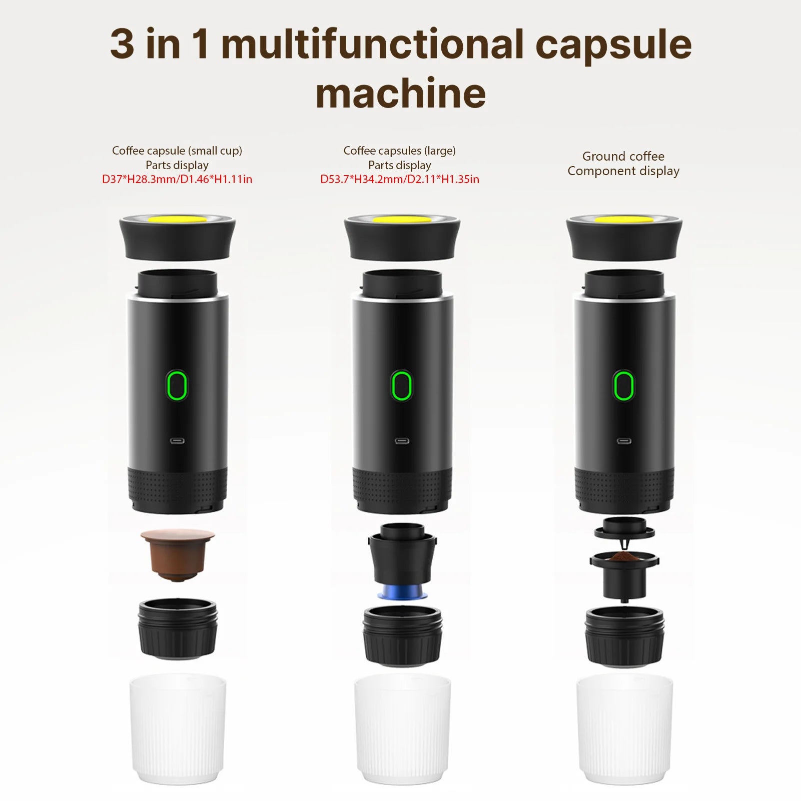 Portable Coffee Machine for Car Home Travel 3 in 1 Cordless Electric Coffee Maker Work With Capsule and Ground Coffee 15Bar Mini