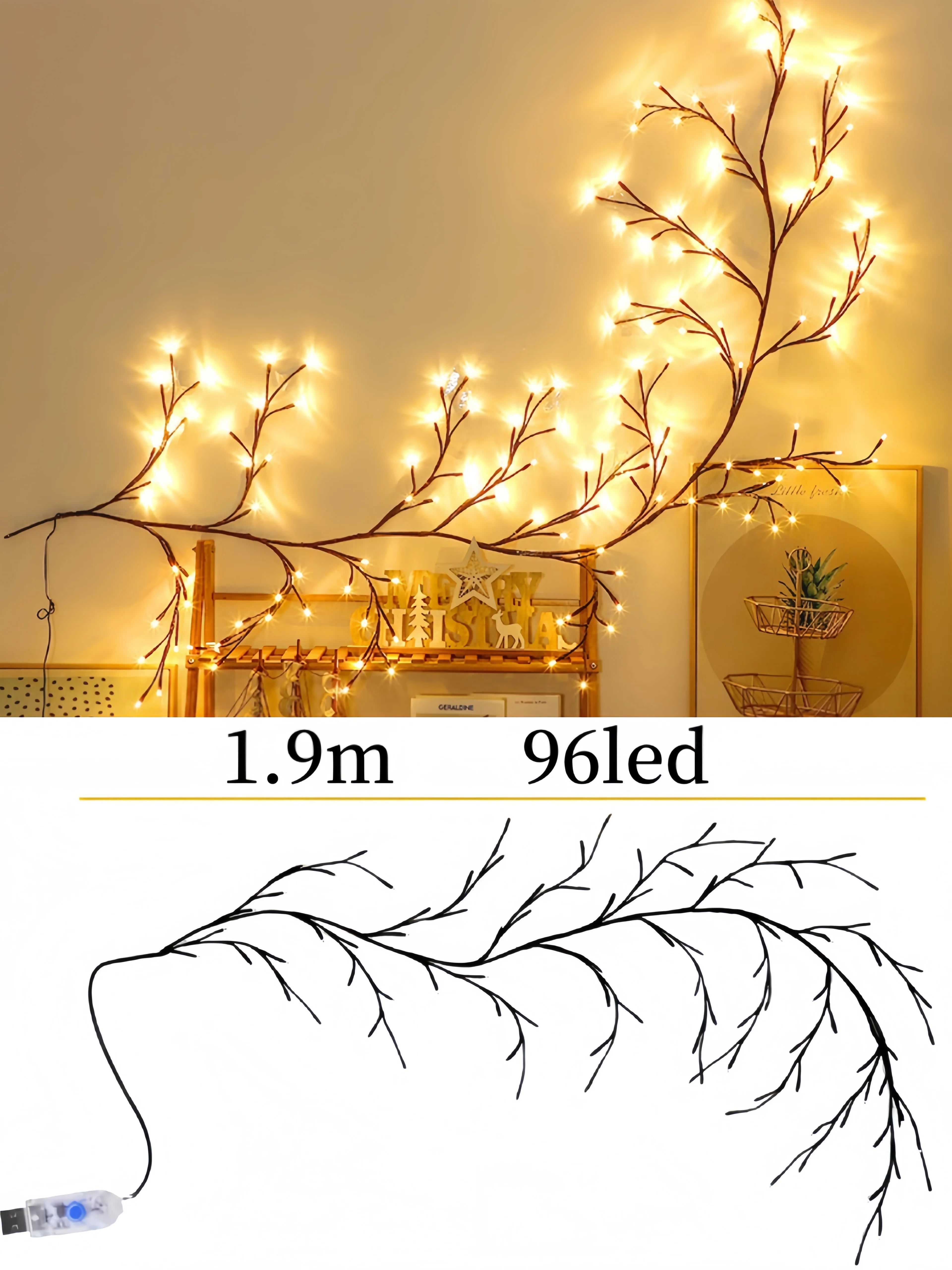 72/96/144LEDS USB Willow Vine Branch Lights 8 Modes Warm White Light for Wall Room Kitchen Coffee Shop Christmas Halloween Decor