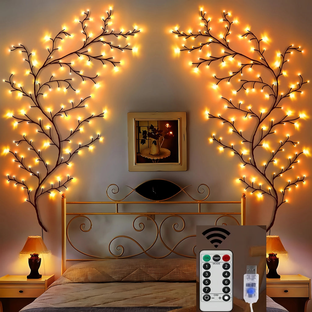 72/96/144LEDS USB Willow Vine Branch Lights 8 Modes Warm White Light for Wall Room Kitchen Coffee Shop Christmas Halloween Decor