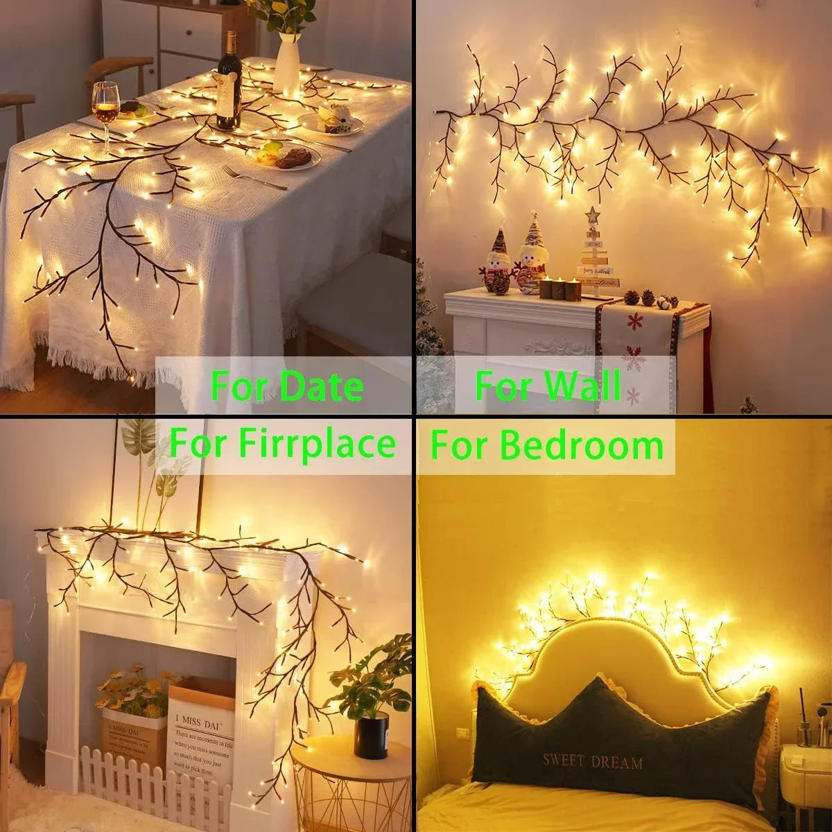 72/96/144LEDS USB Willow Vine Branch Lights 8 Modes Warm White Light for Wall Room Kitchen Coffee Shop Christmas Halloween Decor