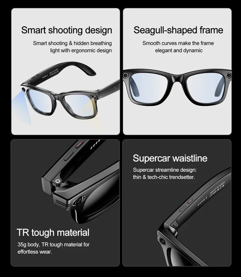 AI Smart Glasses With Camera Photo Sense Bluetooth Music Call Intelligent Recording IP65 Waterproof Bluetooth Glasses