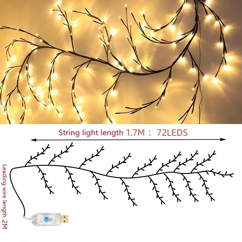 72/96/144LEDS USB Willow Vine Branch Lights 8 Modes Warm White Light for Wall Room Kitchen Coffee Shop Christmas Halloween Decor